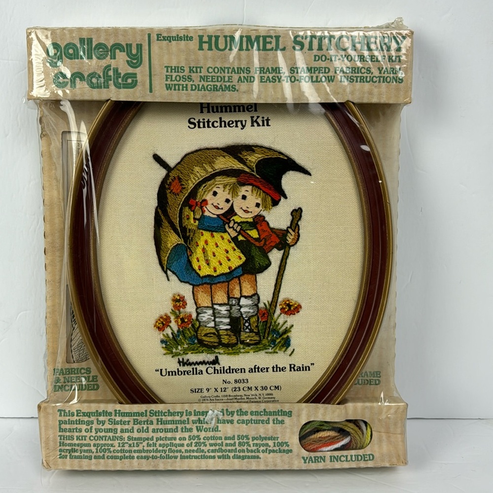 Vtg 70s Hummel Crewel Stitchery Kit Oval Frame Yarn Children Rain Umbrella NEW